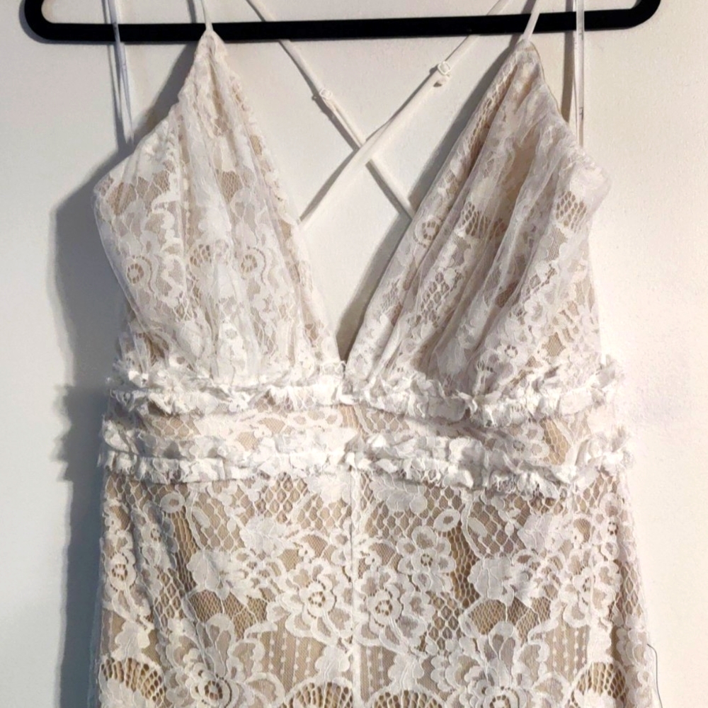 Lulu's White and Nude Lace Jumpsuit